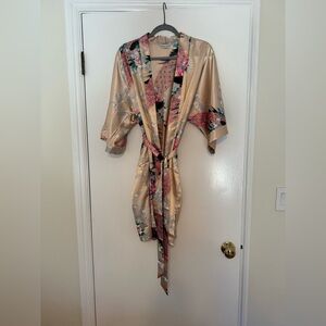 Floral Bird Print Satin Silky Kimono Robe Cover Up